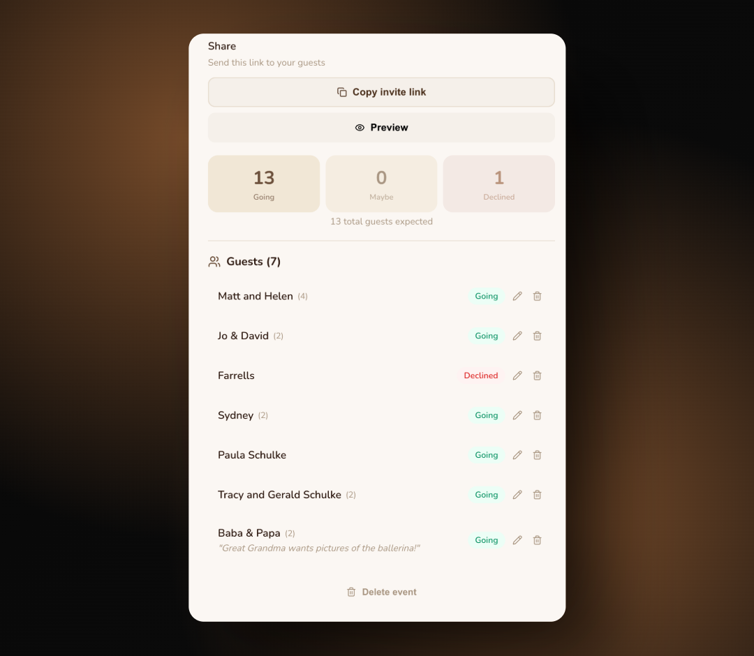 The host dashboard showing live RSVPs and the guest list