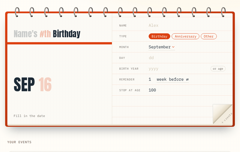 Typing a name and date while the calendar page fills in