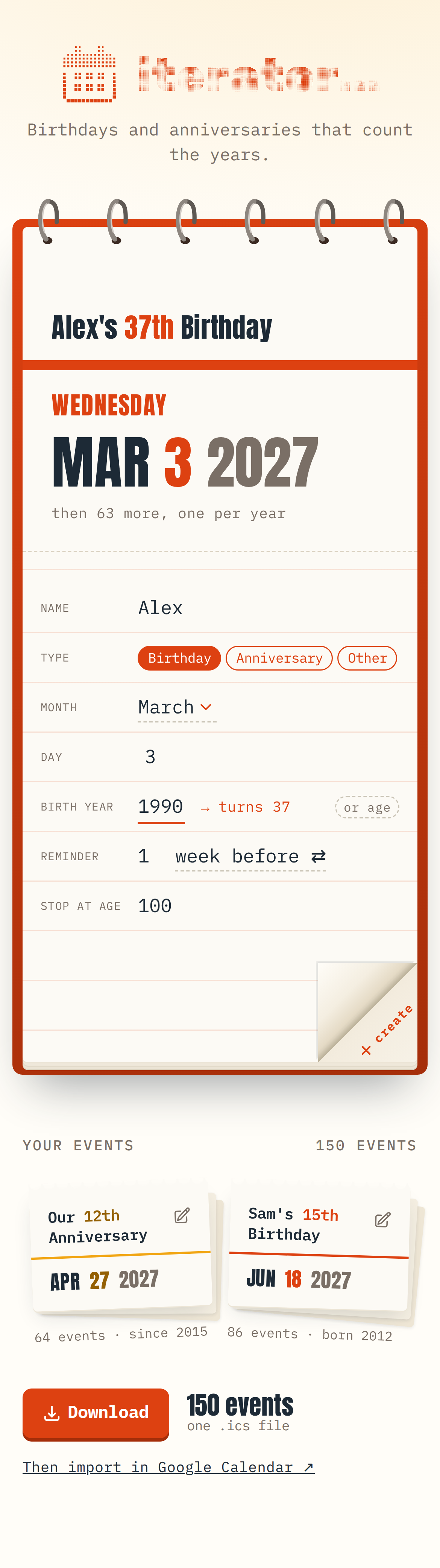 The calendar stacked vertically on a phone