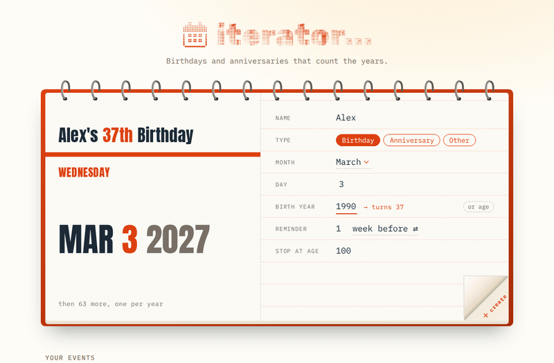 The calendar switching between birthday red, anniversary mustard, and slate for other