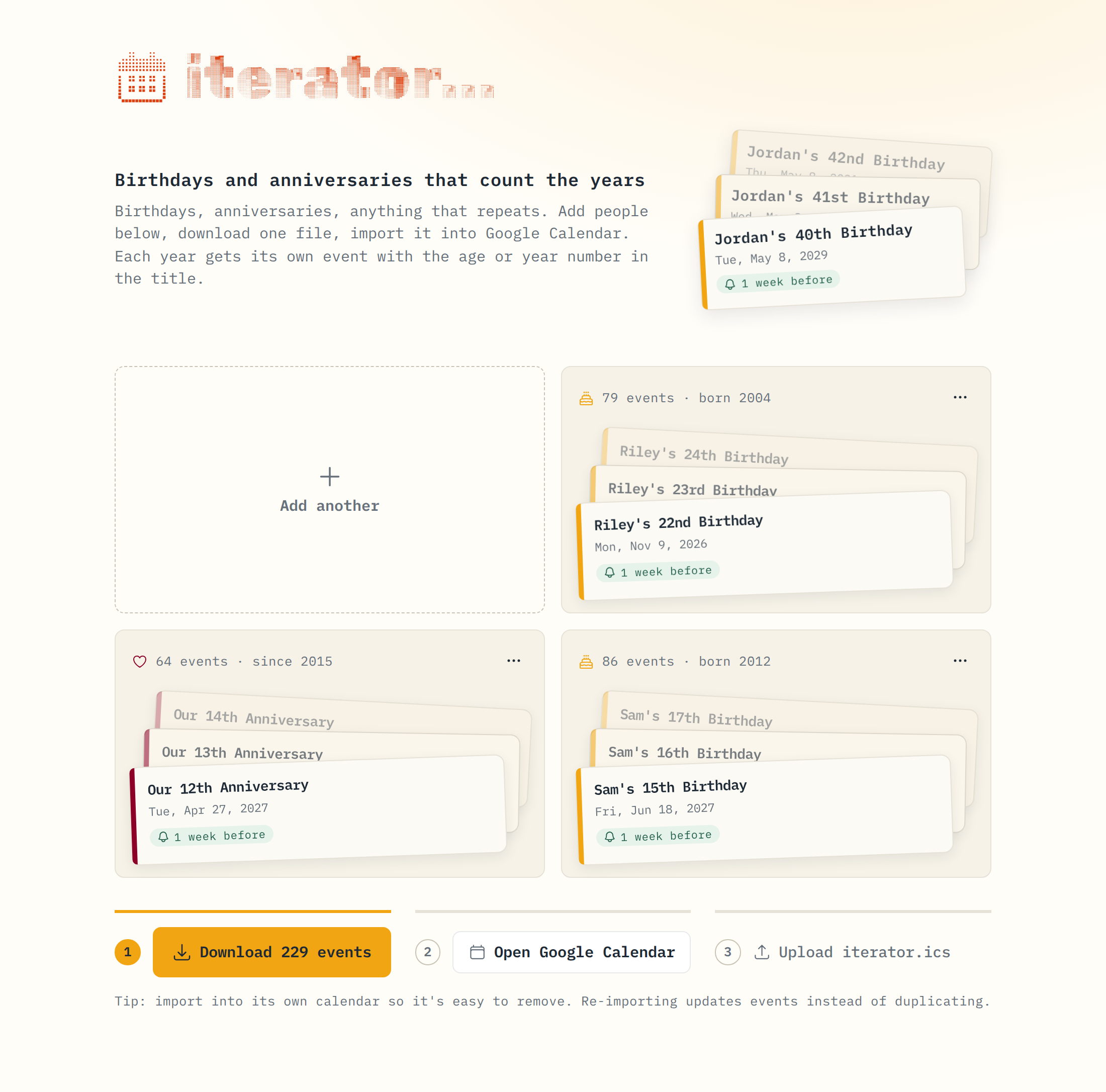An earlier version with fanned event cards in a grid