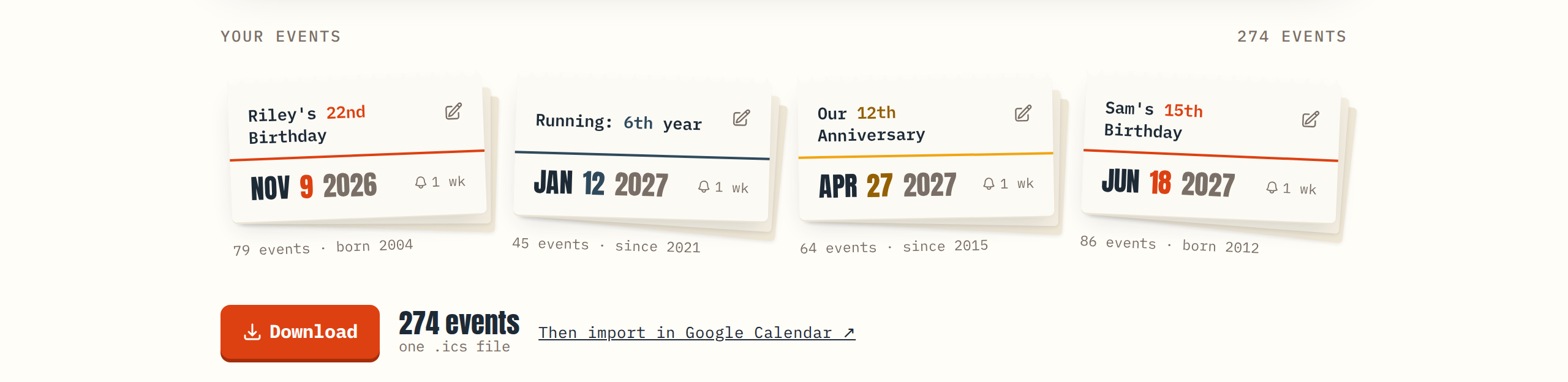 Created events shown as a pile of torn calendar pages