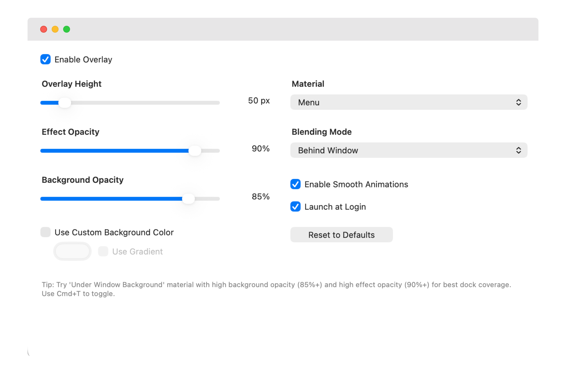 Max settings window showing customization options